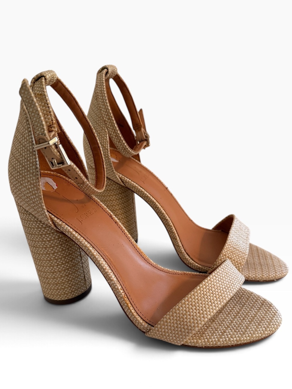 J. Crew Creamy Tan Woven Rafia Woven Block High Heel Ankle Strap Sandals 6.5